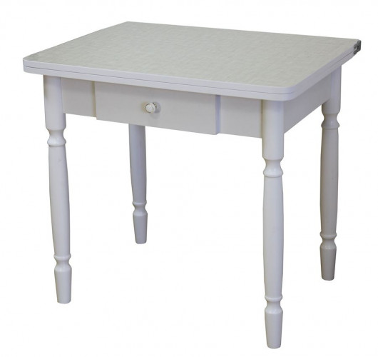 Стол обеденный ЛС-831 с ящиком (Лен 1312/ ноги Белые точеные/кромка+царги белый)