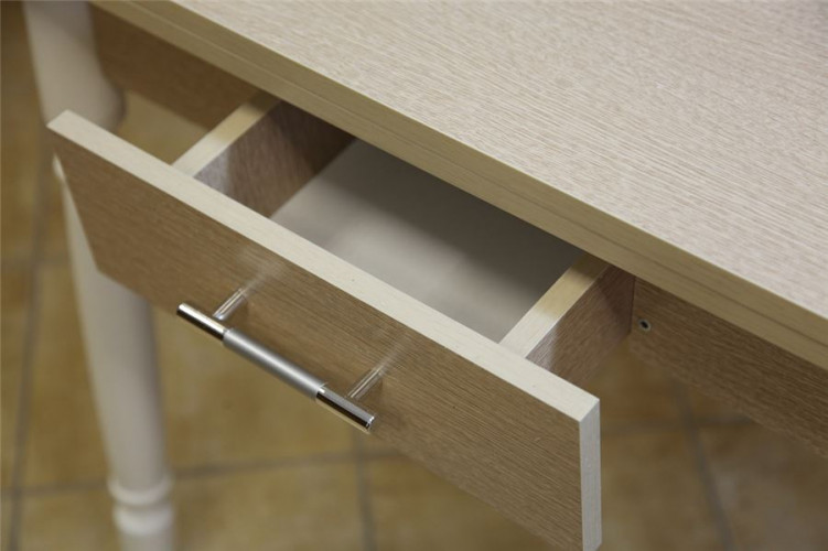 Стол обеденный ЛС-831 с ящиком (ЛДСП/Дуб беленый/ кромка+царги дуб беленый/ ноги Белые)