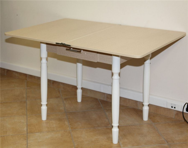 Стол обеденный ЛС-831 с ящиком (ЛДСП/Дуб беленый/ кромка+царги дуб беленый/ ноги Белые)